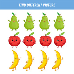Find different fruit each row. Logical game for kids. Cartoon character. Pear, apple, banana. Flat style. Vector illustration