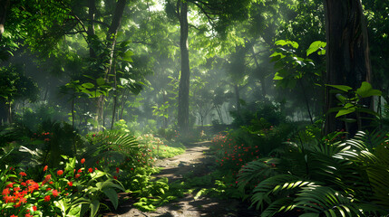 Fototapeta premium Lush Forest Habitat with Diverse Flora and Fauna, Dense Canopy, and Meandering Stream