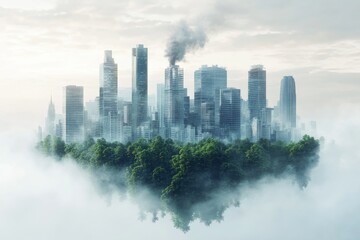 Surreal floating city enveloped in fog with skyscrapers and greenery during daytime