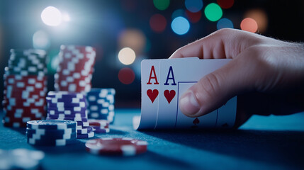 A dramatic shot focusing on the pair of aces in the dealer&acirc;s hand, the vibrant poker table and chips softly blurred in the background.