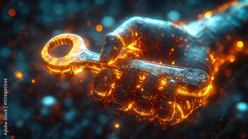 Poster Futuristic Digital Hand Holding Glowing Wrench Spanner with Binary Code for AI Maintenance Management and Equipment Diagnostics