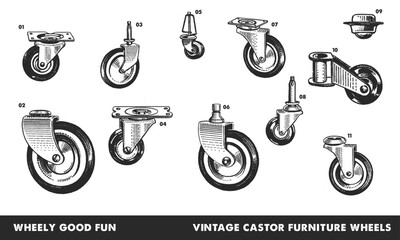 Vintage Illustration of  Castor Wheels Separated on White Background