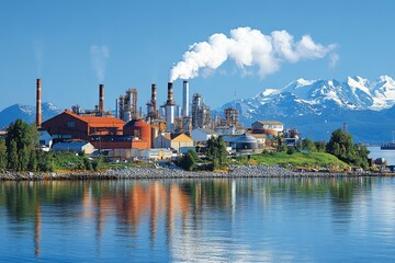 Naklejka premium Industrial facility by the water with mountains in the background during sunny weather