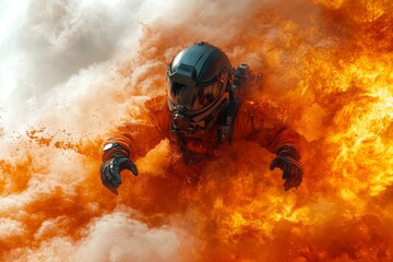 Obraz premium Astronaut navigating through an intense fire explosion in a dramatic rescue operation