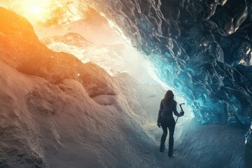 Fototapeta premium Exploring an ice cave illuminated by a dramatic contrast of light at sunset