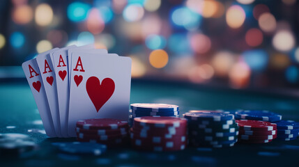 The striking red of a royal flush of hearts contrasts against a vivid poker table, with multicolored poker chips creating a rich, blurred backdrop.