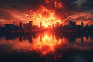 Fototapeta premium Golden sunset casts a dramatic glow over a city skyline reflected in tranquil waters