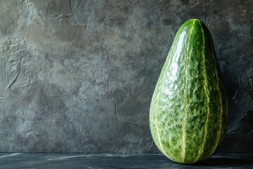 A single, large, green chayote squash rests against a dark, textured background.