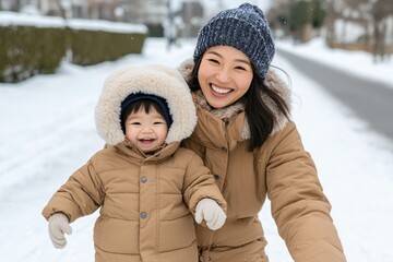 Fototapeta premium Capture the heartwarming moment of a joyful Asian mother guiding her toddler's first steps in a snowy landscape, radiating happiness This picture showcases a beautiful bond between mother and child