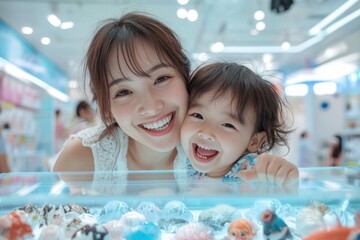 Capture the heartwarming scene of an Asian mom and child sharing a playful smile, their love and bond creating a joyful atmosphere This image showcases the pure delight of family connection