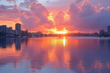 Fototapeta premium Sunset over calm waters reflecting vibrant pink and orange clouds at a waterfront location in a coastal city