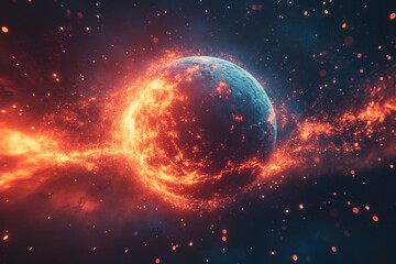 Obraz premium Vivid depiction of a fiery planet surrounded by cosmic debris in deep space