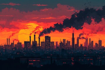 Fototapeta premium Urban landscape at sunset with industrial smokestacks emitting dark clouds and a vibrant sky