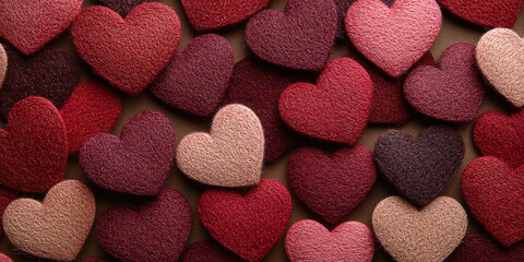 Obraz premium Red textured heart background featuring multiple fabric-like hearts in various shades of red and pink, perfect for Valentine’s Day and romantic designs.