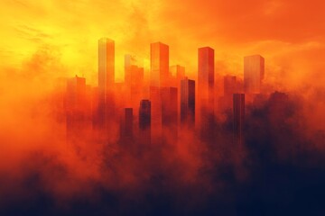 Fototapeta premium Urban skyline engulfed in vibrant orange and yellow hues during sunset, creating a dramatic atmosphere