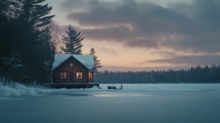 Fototapeta premium Illuminated cabin, snowy landscape, frozen lake, sunset.
