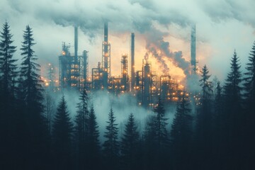 Naklejka premium Industrial facility emits smoke among dense forest during twilight hours with illuminated structures