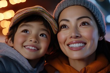 Discovering Wonder Together An Asian mom and child share a moment of joy while exploring a science museum, sparking curiosity and learning Capture the essence of parenting through visual