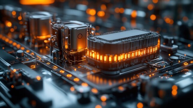 High-tech electric vehicle battery components with orange cables showcasing innovation in energy storage and efficiency