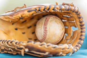 Close up view of a vintage baseball resting in a worn leather catcher mitt showcasing classic Americana in sports culture