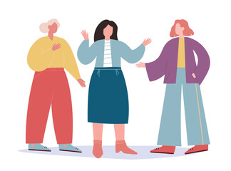 Girls and friends are standing talking and communicating with each other. Women together. Vector flat graphics.