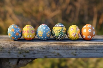 A row of beautifully decorated Easter eggs on a wooden surface.