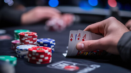 A top-down view of a poker table mid-game, with cards, chips, and playersâ hands creating a dynamic composition.