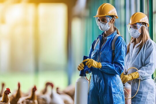Workers disinfecting a poultry farm with protective gear and spray equipment for safety
