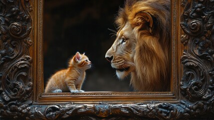 Lion Reflection in Mirror with Kitten, Self Perception and Potential Symbolism