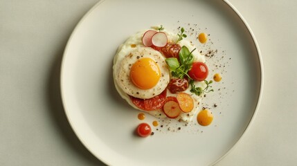 Exquisite meal on clean white table with taupe background