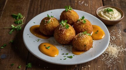 Homemade Deep-Fried Risotto Arancini with Marinara Sauce and Garlic Aioli