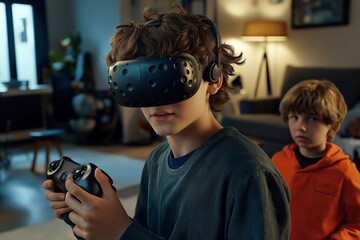 Teenage boy immersed in virtual reality gaming in a cozy living room with curious sibling