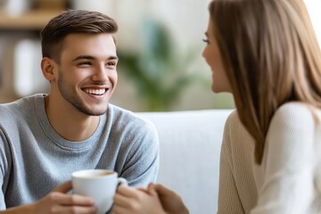 Fototapeta premium Relaxed couple enjoying coffee together in bright, minimalist living room