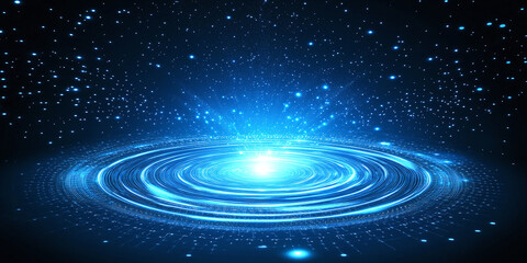 Blue technological background with swirling light patterns and glowing digital particles, suitable for futuristic or tech designs.