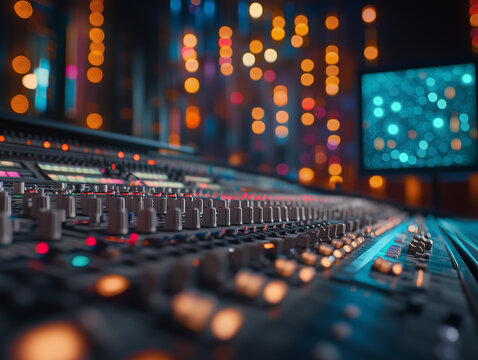 Professional audio mixing console with colorful LED lights in a studio setting at night