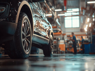 Vehicle maintenance at an auto repair shop during the day with a focus on tires and mechanics working