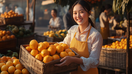 Obraz premium An Asian female grocer joyfully holds a crate of oranges, her shop showcasing neatly organized baskets of colorful produce.