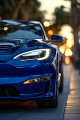 Fototapeta premium A blue sports car parked on the side of a street