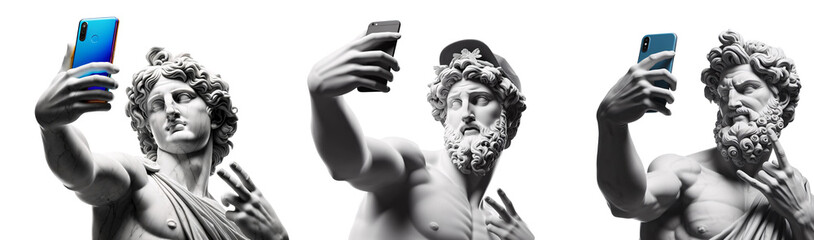 A set of three ancient statuen take selfies with modern smartphones in a creative juxtaposition of time on a transparent background.