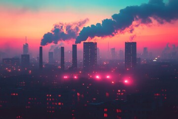 Fototapeta premium Industrial skyline illuminated by vibrant colors at dusk with smoke rising from factories and city lights twinkling below