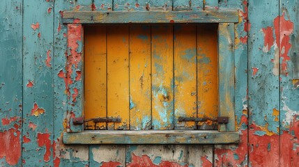 Naklejka premium A weathered wooden window with vibrant colors and peeling paint.