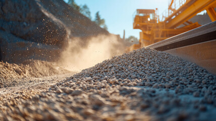 Gravel moving on a conveyor belt at a quarry site.