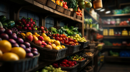 A colorful array of fresh fruits and vegetables neatly arranged on rustic wooden shelves in a cozy grocery store, creating a vibrant display.