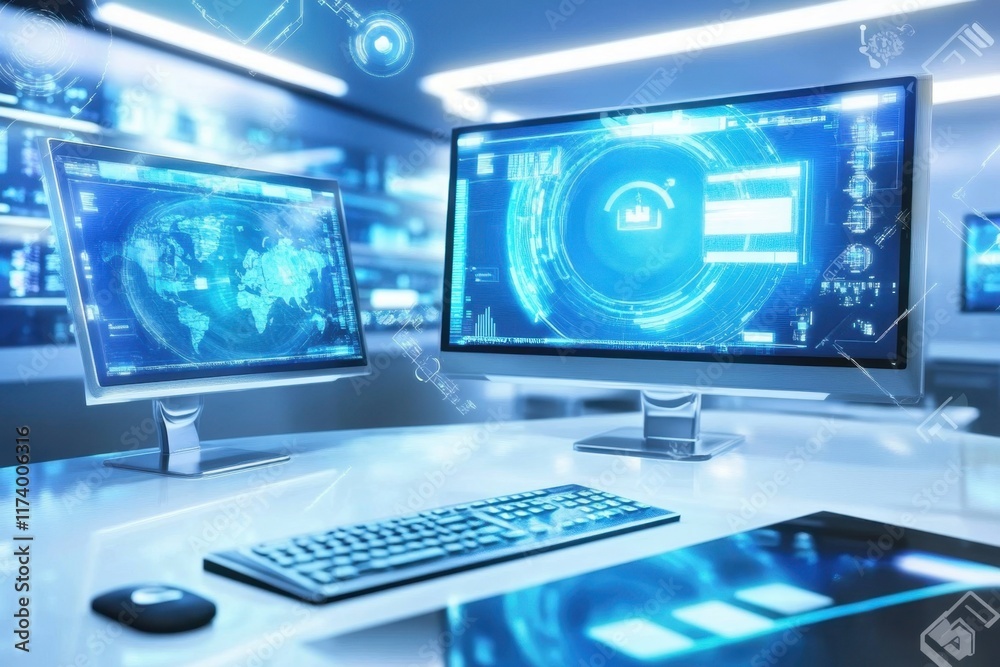 Poster modern workspace with dual monitors displaying data visualizations and global maps