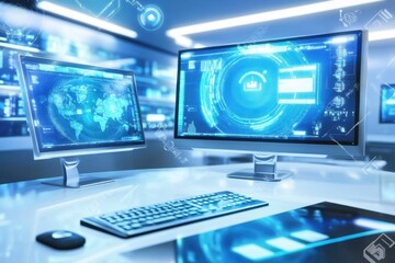 Fototapeta premium Modern workspace with dual monitors displaying data visualizations and global maps