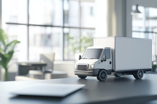 A 3D small truck with a blank white mockup atop a notebook computer, with a blurred, modern office environment in the background, bright, natural light streaming in from large windows, sharp