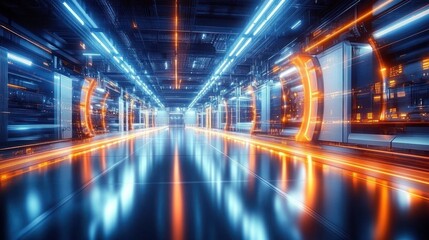 Futuristic Smart Factory with AI Robotics and Advanced Technology in Cyberpunk Industrial Scene