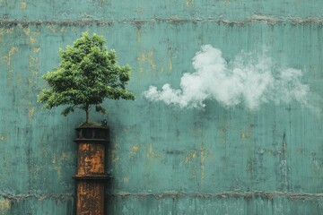 Unique urban art installation featuring a tree growing from a rusty pipe against a green wall