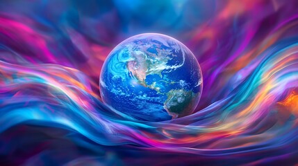 Earth nestled in vibrant, swirling nebula.