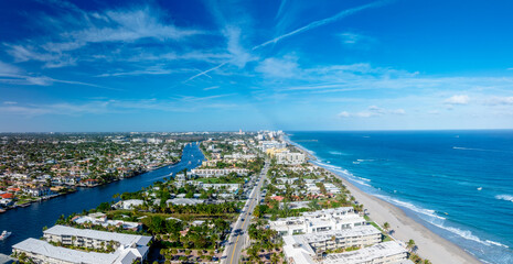 panoramic drone view of Deerfield Beach, Florida with city and ocean